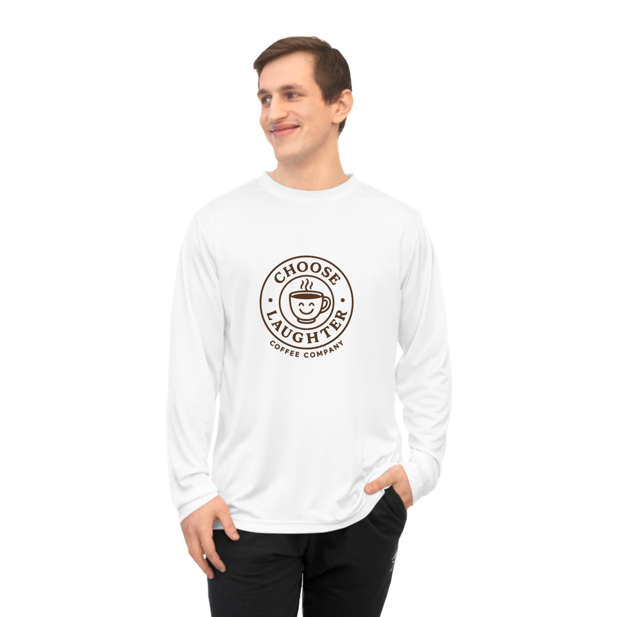 Choose Laughter Long Sleeve Shirt — Coffee Company Logo Performance Tee