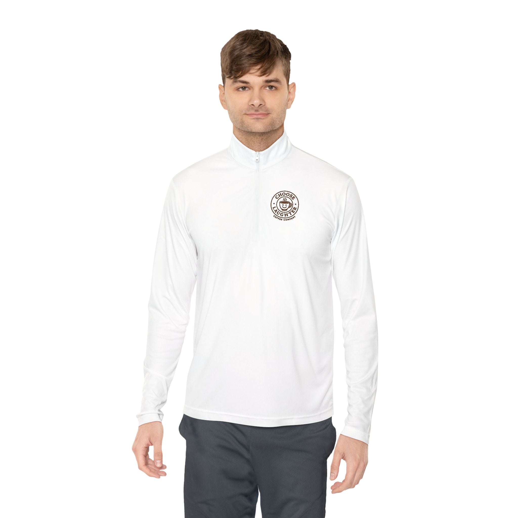 Quarter-Zip Pullover — 'Coffee First' Small Chest Logo Cozy Pullover